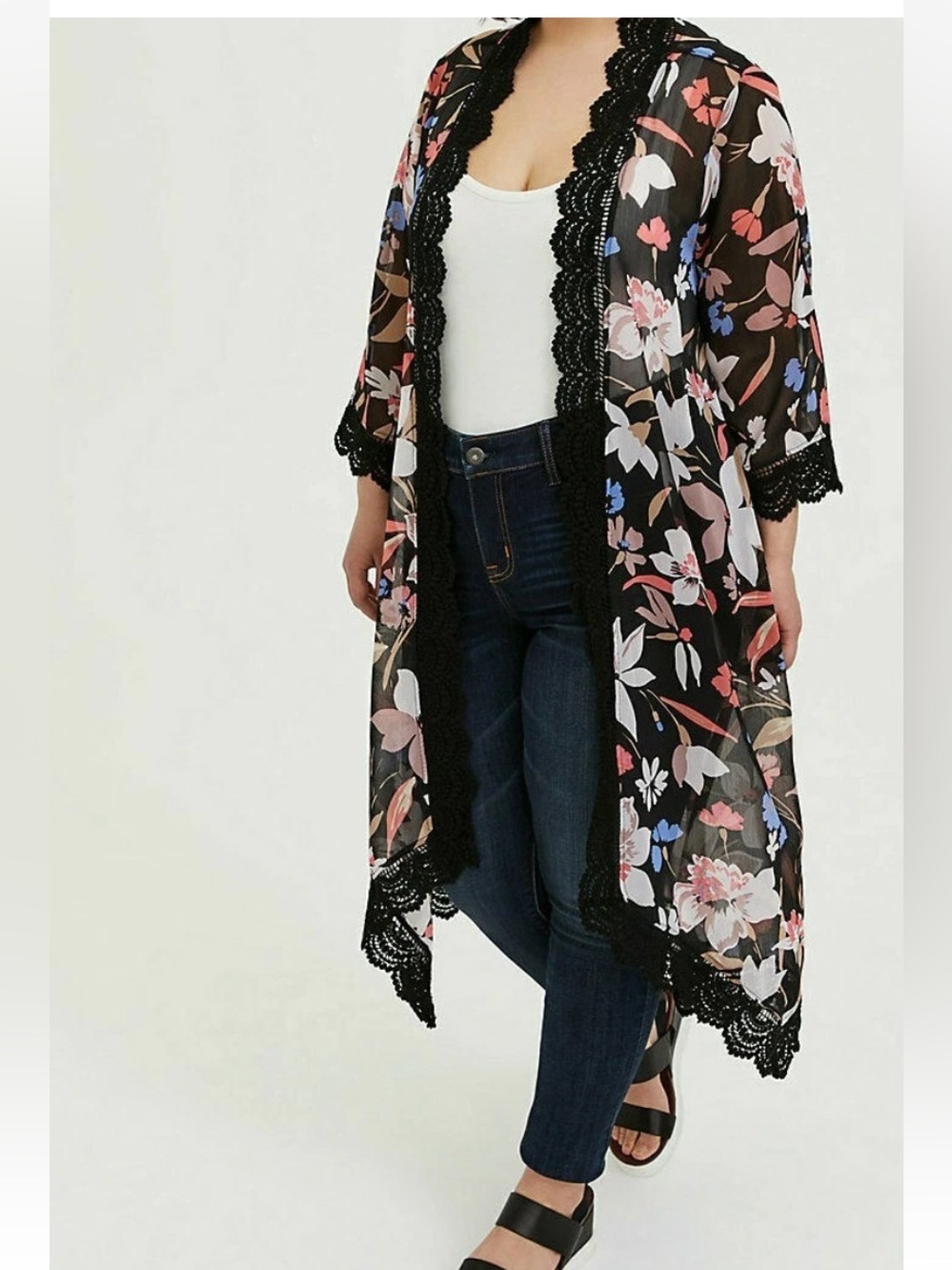 Torrid Floral Lace-Trim Sheer Kimono Duster - Black Floral sz 1X - Picture 16 of 16